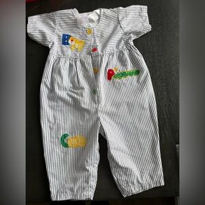Vintage Sears Baby Romper ABC Animal Print Striped Blue White – Size 20